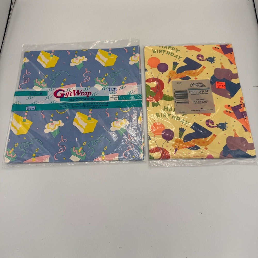 Vintage Gibson Cleo Birthday Gift Wrap 4 Sheets Wrapping Paper Animals Cake NEW